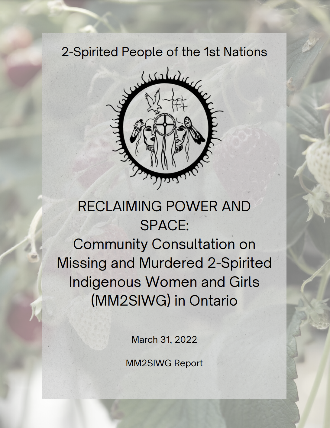 Title page for 2-Spirited People of the 1st Nations, Reclaiming Power and Space: Community Consultation on Missing and Murdured 2spirited Indigenous Women and Girls (MMIWG) in Ontario.